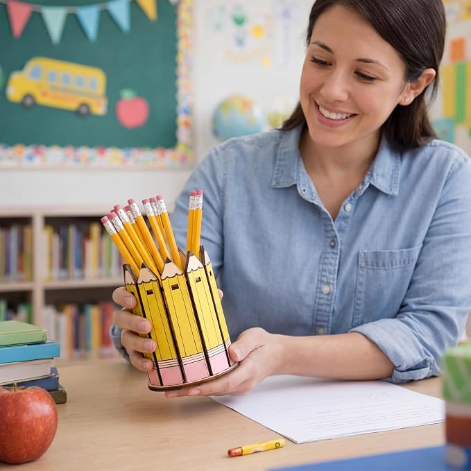 Tenceur 2 Pcs Pencil Shaped Holder Wooden Dispenser Pencil Cup for Back to School Teachers Classroom Organization Teacher Appreciation Gifts