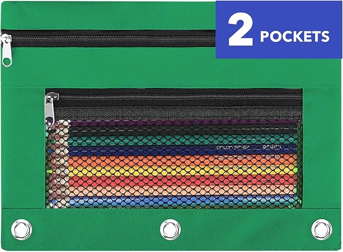 Pencil Pouch for 3 Ring Binder - 3 Hole Zipper Pen Case Bag Holder Bulk Accessories Clear Window Aesthetic Organizer Pockets