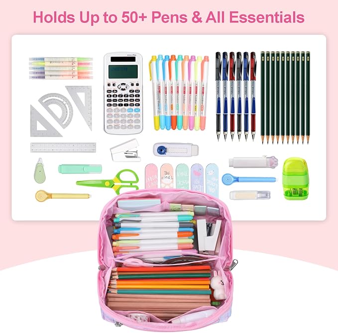 Large Pencil Case for Girls - Aesthetic Pencil Pouch for School | Kids Pencil Case & Wide Handle, Water Resistent Organizer Box,Fits 50 Pens & Markers, Daily Use, Pink Tie Die