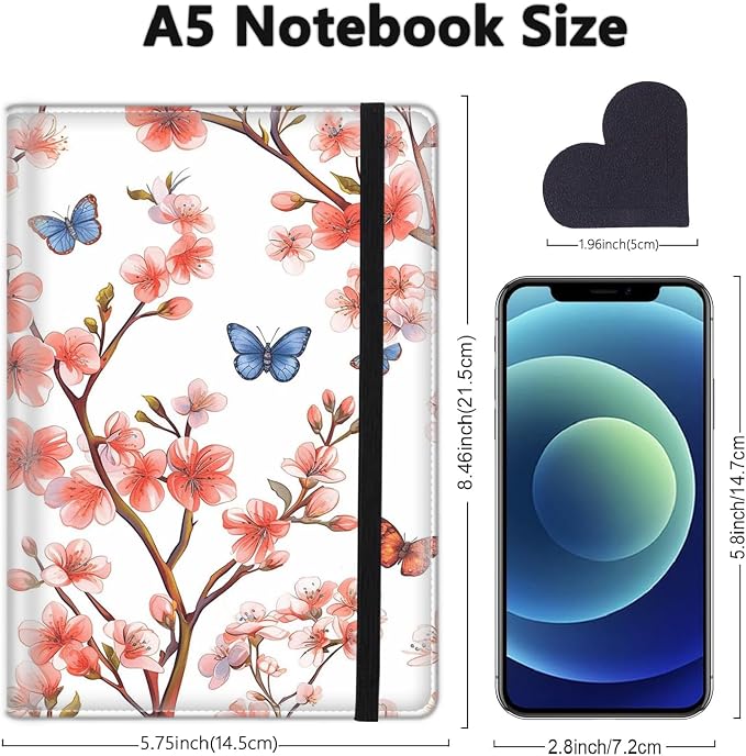 A5 Leather Lined Journal Notebook, 200 Pages Hardcover Executive Notebook for Office School Note Taking, Thick Writing Paper Daily Journal with Bookmarks/Indexes, Cherry Blossoms and Butterflies