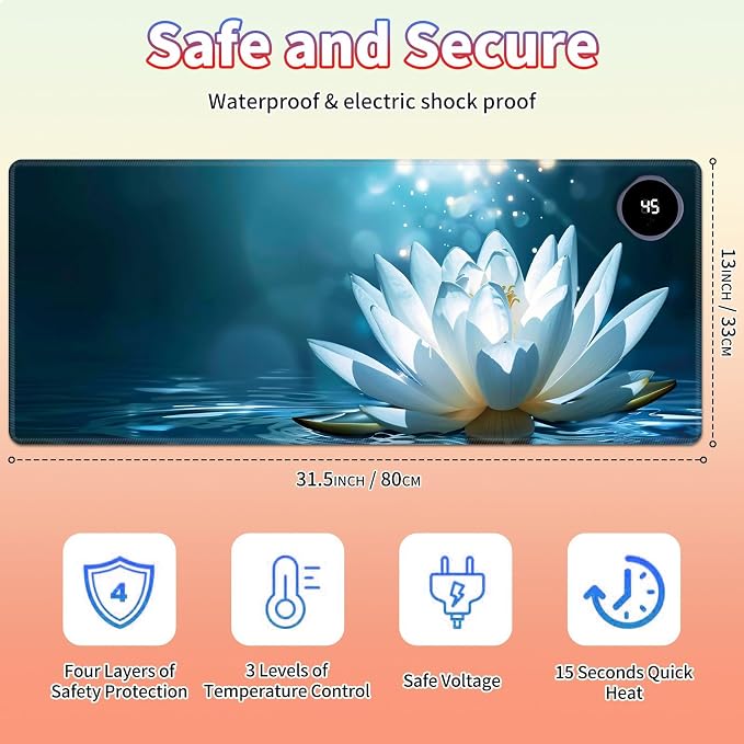 Heated Desk Pad Large Mouse Pad 31.5 x 13 inch with 3 Levels Heating & Auto Shut-Off Warm Mouse pad PU Leather Computer Mousepad for Home Office Work - White Lotus Floral Flower