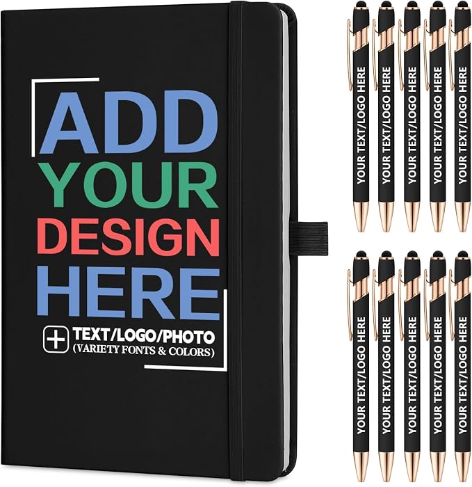 ENOMY Personalized Notebook Journal & 10 PC Pens Gift Set Custom Notebook A5 200 Pages A5 Lined Journal for Men Women Hardcover Notebooks for Work College Graduation Gifts, Black
