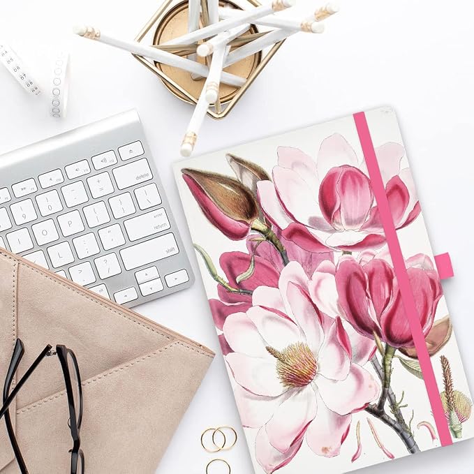 RICCO BELLO Lined Journal Notebook, Pink Magnolia, 5.7 x 8.4-Inches | Hardcover, College Ruled, 96 Sheets / 192 Pages, Pen Holder, For Work & Notes