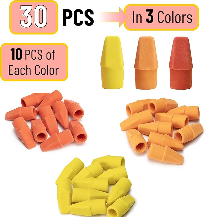 Mr. Pen- Pencil Erasers Toppers, 30 Pack, Colorful | No-Smudge Cap Pencil Erasers for Precise Erasing, Kids, Teachers, Studying Supplies, Sunset Scheme