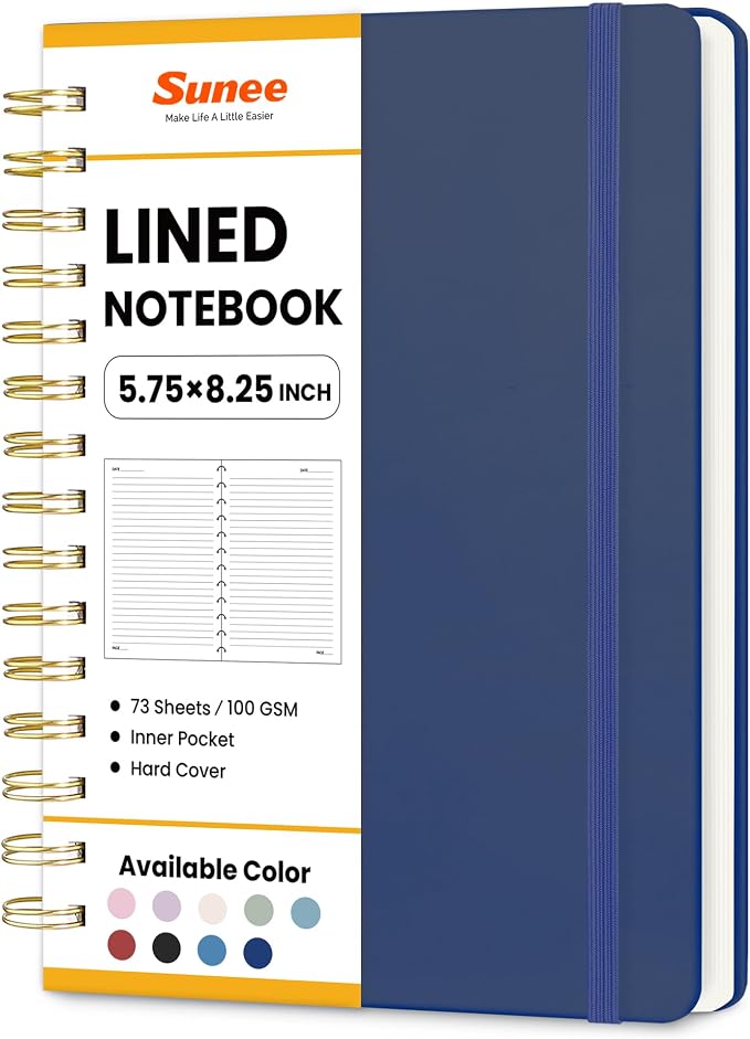 SUNEE Lined Spiral Journal Notebook for Women, 146 Pages College Ruled Hardcover Journaling Notebook for Work, Note Taking and Office School Supplies, A5 - Navy Blue