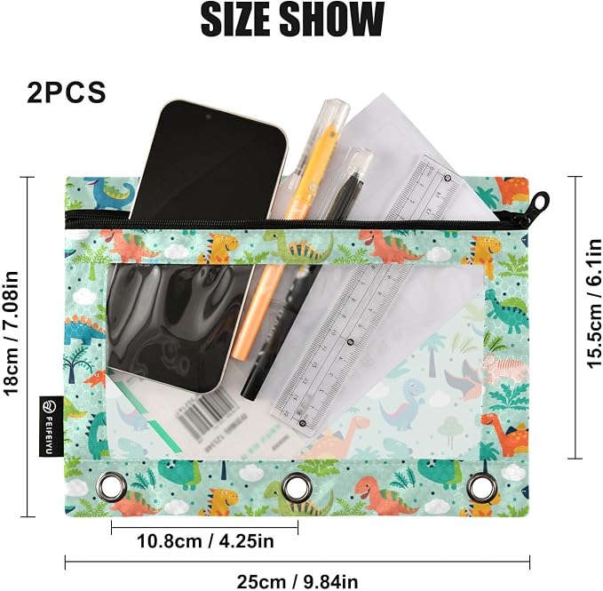 Funny Dinosaurs Pencil Pouches for 3 Ring Binder, Zipper Binder Pencil Case, 2 Pack Clear Window Case Bag for Office Organizers