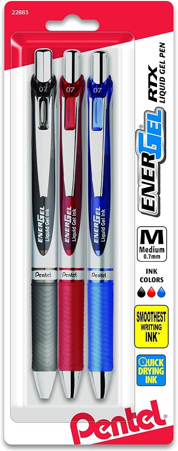 Pentel EnerGel RTX Gel Ink Pens, 0.7 Millimeter Metal Tip, Black/Red/Blue Ink, 3 Packs (BL77BP3M), Assorted