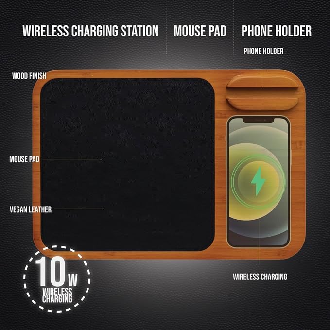 Oliver Gray Mousepad with Wireless Charger - 3-in-1 Wooden Wireless Charging Station & Phone Holder, Premium Vegan Leather Desk Charger Mat for iPhone, Android