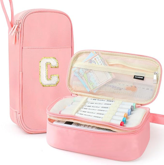 Cute Large Pencil Case Pouch,Personalized Initial Pencil Bag for Girls Boy | Multiple Pockets With Smooth Dual-Zipper, Big Capacity Aesthetic Pen Case Bag For Kids College Art School Gift