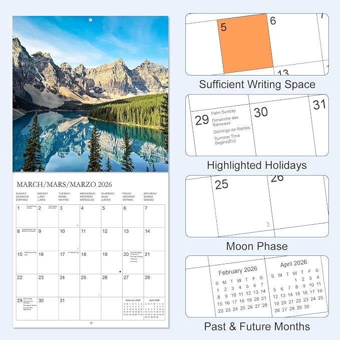 Calendar 2026 - Wall Calendar from January 2026 to December 2026, 3 Languages(English,French,Spanish), 2026 Wall Calendar with Holiday Marked, Premium Paper for Organizing, 12" x 12",National Park - D