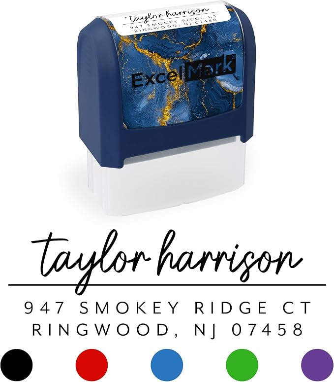 ExcelMark Custom Return Address Stamp (Navy, Metro Line) | Custom Return Address Stamp with Elegant Designs, Vibrant Colors & Patterns – Perfect for Mail, Invitations & Gifts