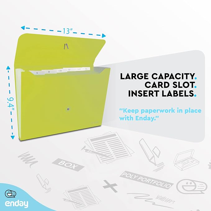 Accordion File Organizer Green, 7 Pocket Expanding File and Cover Folder with Labels, Plastic Portable Desktop Letter A4 Paper, Also Available in Red, Blue, Purple, Pink, Grey, 1 Pc – By Enday