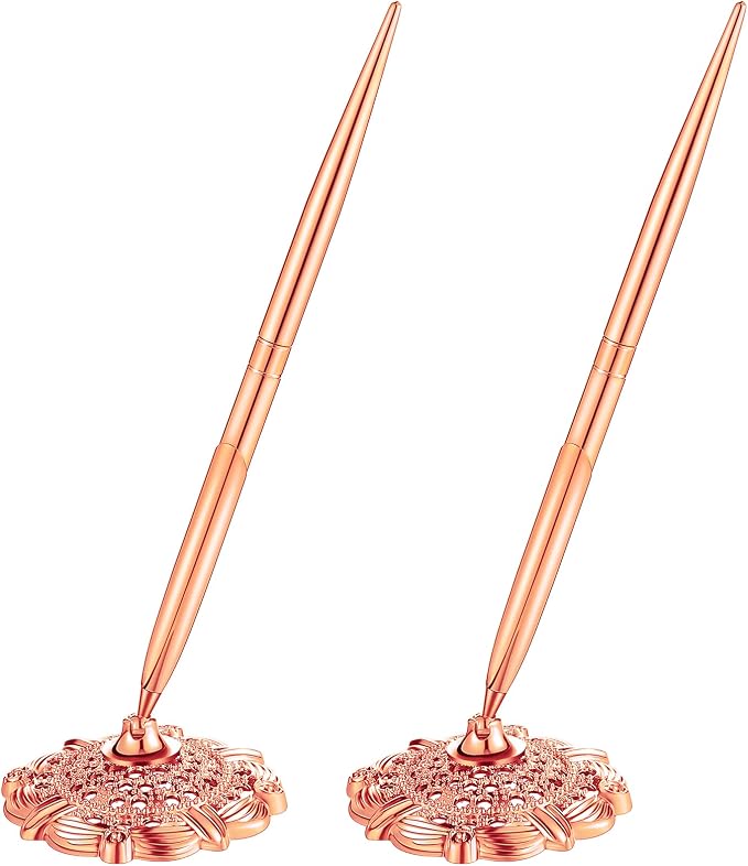 Outus 2 Pieces Wedding Pens for Guest Book Pen with Metal Hollow Round Holder Stand Set for Wedding Bridal Engagement Reception Supplies(Rose Gold)
