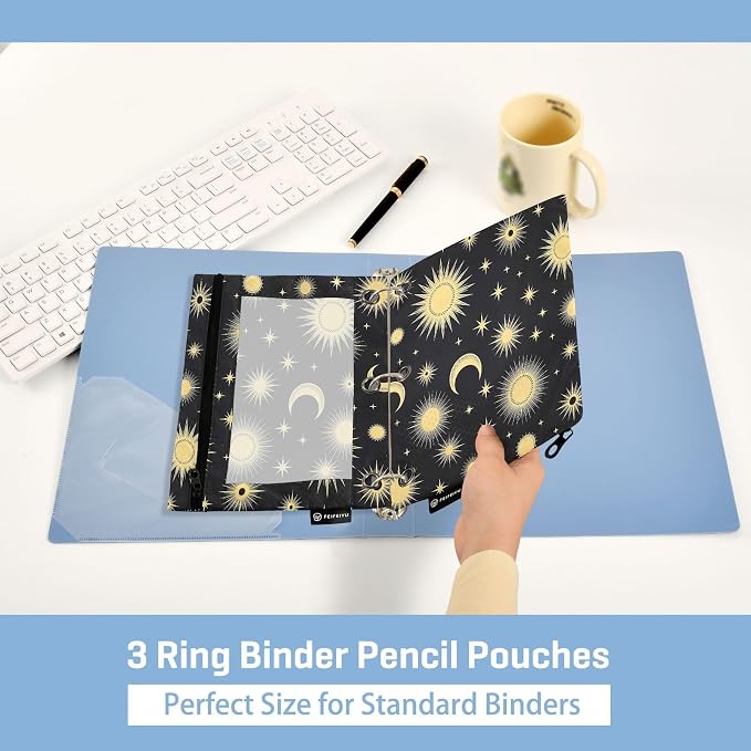 Gredecor 3 Ring Binder Pencil Pouch, Golden Moons Stars Zippered Pen Case Pouches with Clear Window, 2 Pack Stylish Office & School Supplie