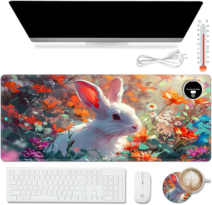 Warm Desk Pad,Heated Desk Pad,Office Mat,3 Heating Levels & 3 Hours Auto Shut-Off,31.5"*13" Gaming Mouse Laptop Keyboard Leather Desk Mat,Cute Rabbit Floral