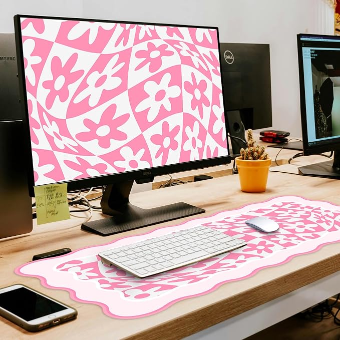 L-SPOUTTO Pink Mouse Pad,Scalloped Desk Mat Daisy XXL Large Gaming Mousepad | 35.4x15.7in Non-Slip Rubber Base Keyboard Pad Waterproof Desktop Mat for Laptop Computer Work Game Home Office