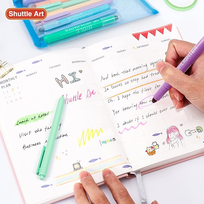 Bible Highlighters and Pens, 22 Pack Journaling Kit, 12 Colors Gel Highlighters and 10 Colors Ballpoint Pens with a storage bag, Bible Markers No Bleed Through by Shuttle Art