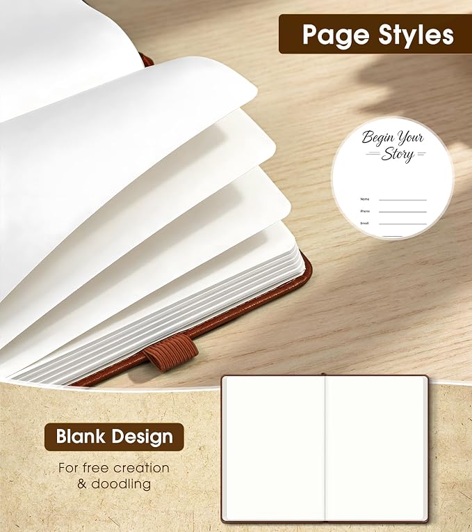 Journal Notebook, A5 Leather Hardcover Blank Sketchbook, 160 Pages, 180° Lay-Flat Binding, 100 GSM Thick Paper, for Sketching, Drawing, Art Journaling & Creative Writing (Brown)