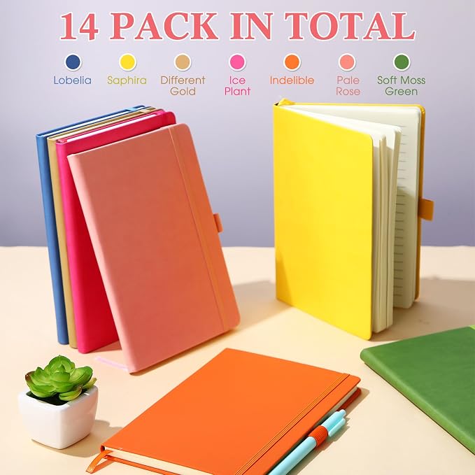 Laumoi 14 Pack Hardcover Journal Notebooks Bulk A5/A4/B5 Journaling Notebook Wide Ruled PU Leather Ruled Lined Journals with Pen Holder for School Business Work Writing (Fashion Color,A5)