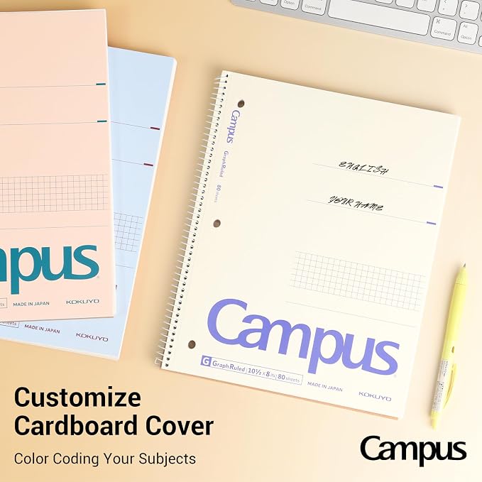 KOKUYO Spiral Notebooks, 3 Pack 5x5 Graph 10-1/2" x 8" Subject Notebooks | Campus Subject Notebooks, 80 Sheets, 3 Holes School Japanese Grid Ring Journal for Study Planner Drawing, Blue Pink White