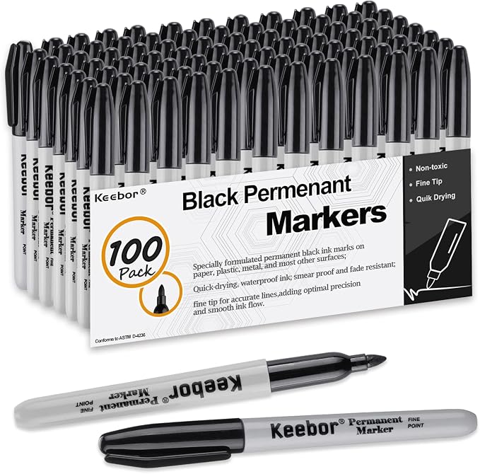 Keebor Black Permanent Markers Bulk of 100 Pack, Fine Point Permanent Marker Set, Waterproof, Quick Drying, School & Office Supplies