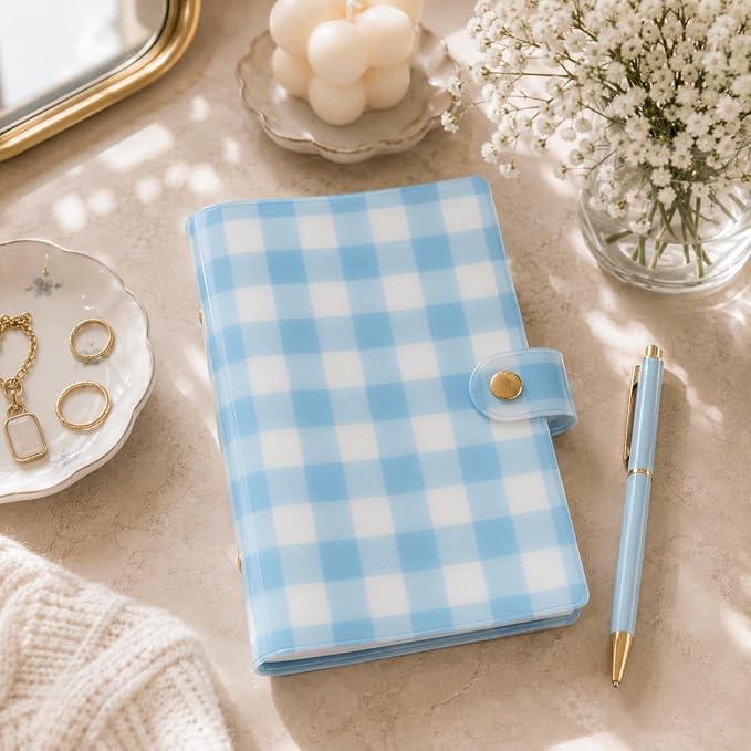 Pearhead Blue Gingham 5x7 Binder Journal with Snap Closure – 1 Inch Round Ring 6 Ring Refillable Notebook – 100 Lined College Ruled Pages, Thick 100 GSM Paper – Small PVC Planner Organizer, Journal Gift For Women