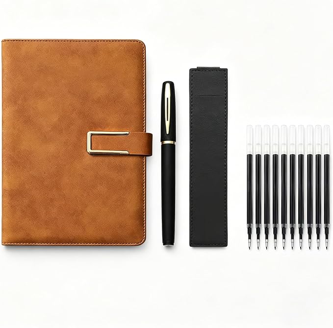 CRME Lined Leather Style Journal Set,A5 Hardcover Notebook with Pen Sleeve and Refills for Business Writing Travel and Meetings,Brown