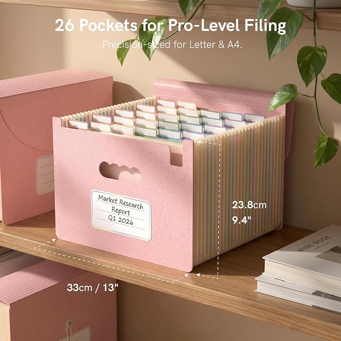 ABC life 26 Pockets Accordion File Organizer, High Capacity Expanding File Folder for Letter A4 Size, Portable Document Holder with A-Z Tabs for Tax Receipt, Teacher & Home Office - Blush Pink
