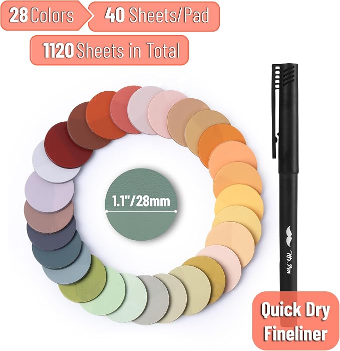 Mr. Pen- Round Transparent Sticky Notes, 1.1” Diameter, 28 Pads | 1120 Sheets, Colorful, Water-Resistant See-Through Sticky Notes Bulk & Fineliner, Smooth Writing