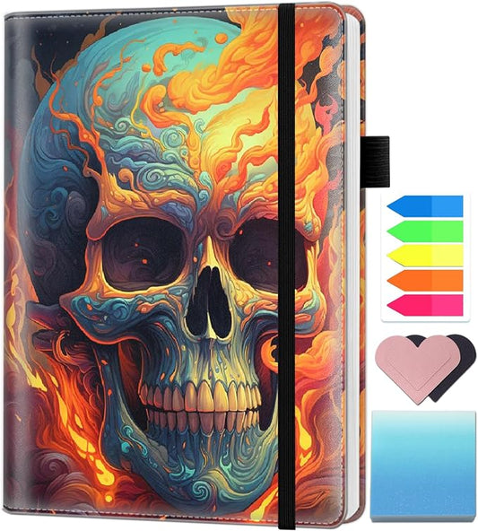 A5 Leather Lined Journal Notebook, 200 Pages Hardcover Executive Notebook for Men Women Office School Note Taking, Thick Writing Paper Daily Journal with Bookmarks/Indexes, Skull and Fire