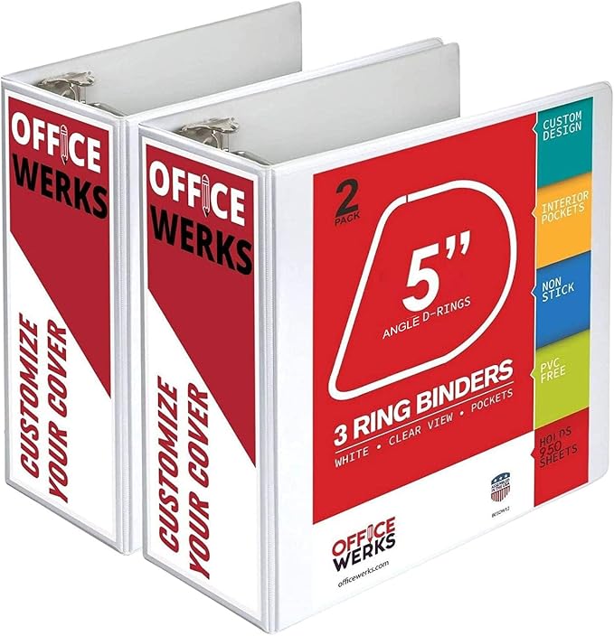 5 Inch 3 Ring Binder 2 Pack, Heavy Duty Locking D-Ring, Holds 950+ Sheets, PVC-Free, Assembled in USA, 8.5 x 11, Clear View Cover with Pockets, Customizable, Professional, White - Ring Binder Depot | Locking Rings, PVC-Free, Assembled in USA, 8.5 x 11,...
