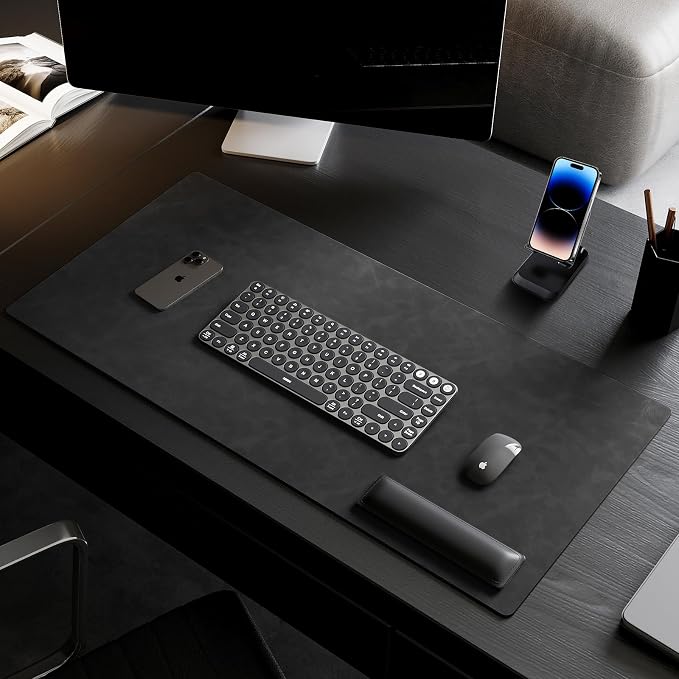Leather Desk pad for Computer and laptops, Ideal for Gaming and Office use, Large Mouse pad and Keyboard mat,Desk mat Special for man. A complimentary Wrist pad and Phone Stand (Black, 39.37"*17.7")