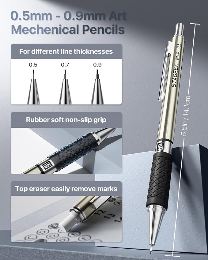 STAGEEK Mechanical Pencil Set with Case 34 Count, Drawing Pencils 0.5, 0.7, 0.9MM & 3PCS 2MM Sketching Pencils with 384PCS Lead Refills (6B 4B 2B HB 2H 4H Color) for Artist Drafting Drawing Writing