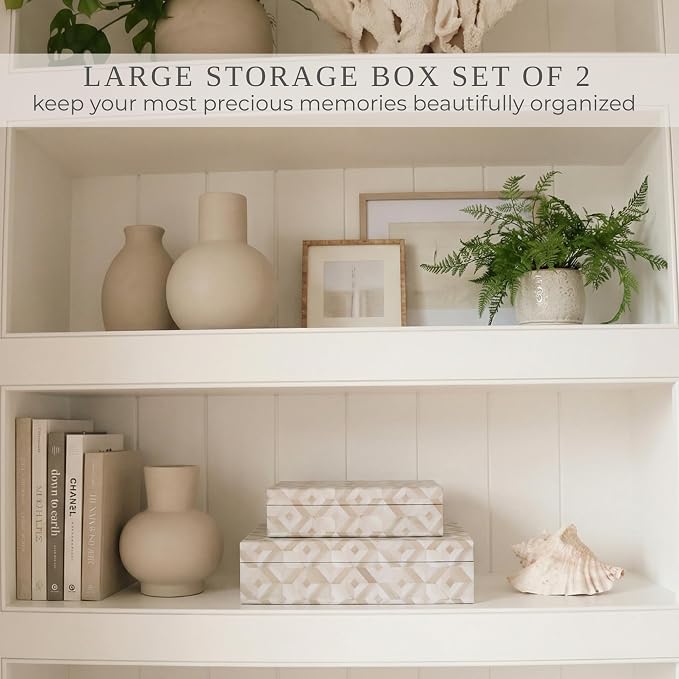 ZICOTO Decorative Storage Boxes with Lids - Set of 2 Beautiful Organizer Bins for Your Bookshelf Home Decor - Safely Store Photos, Documents and Memory Box Keepsakes on Your Shelves in Style