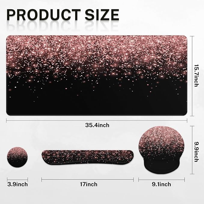 Britimes Rose Gold Pink Keyboard Mouse Pad Set Black Golden 4in1 Large Mousepad+Keyboard Wrist Rest+Mouse Wrist Rest+Coaster Ergonomic Design for Home Office Computer 35.4x15.7 inches