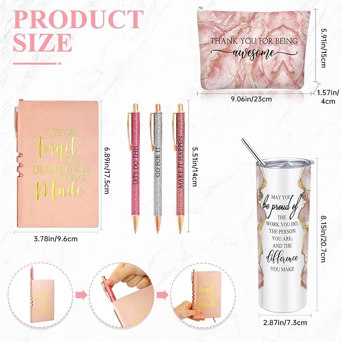 Domensi 6 Pcs Employee Appreciation Gift Set for Women Female Thank You Gift May You Be Proud 20 oz Rustic Marble Sign Tumbler Makeup Bag Journal for Boss Teacher Work Business(Pink)