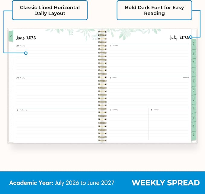 Blue Sky 2026-2027 Weekly & Monthly Academic Planner, 8.5"x11", Laurel | July 2026 - June 2027, Flexible Cover, Wirebound, Laminated Tabs, Storage Pocket, Academic Year
