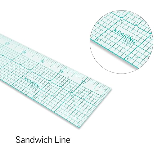 KEARING 2"x18" Sewing Graph Ruler with Holes - Zero Centering Grid Ruler | Flexible 1.2mm clear plastic 18 inch grading ruler with hanging holes. Sandwich line scale with zero centering design