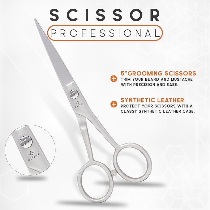 GLORY 5 Inch Professional Beard and Mustache Scissors, Premium Stainless Steel Facial Hair Trimming Scissors - Sharp Serrated Edge Grooming Shears for Men, Precision Mustache & Beard Trimming Scissor