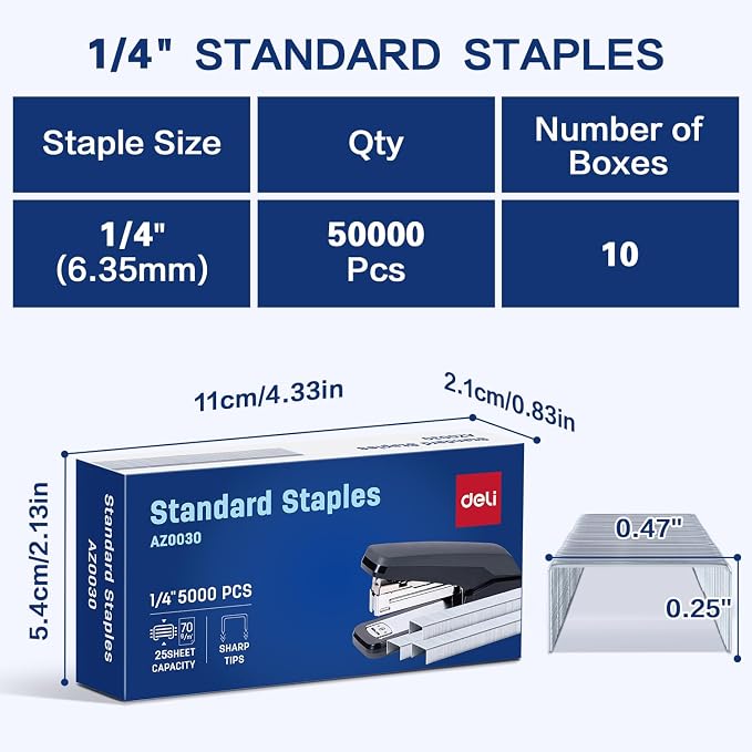 Deli Staples, 50000 Staples, 1/4'' Length, 210/Strip, 10 Boxes of 5000 Each | Standard Staples for Desktop Staplers