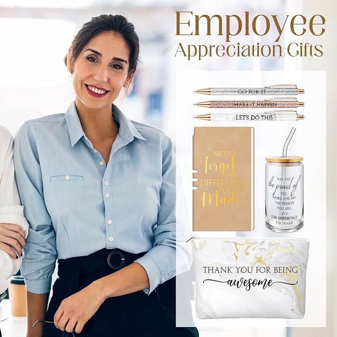 Funnymoom 6 Pcs Appreciation Gifts Set for Women Back to School Teacher Gifts Employee Thank You Gift with 17 oz Glass Tumbler Journal Pens and Pouch for Coworkers Educators,Marble,White