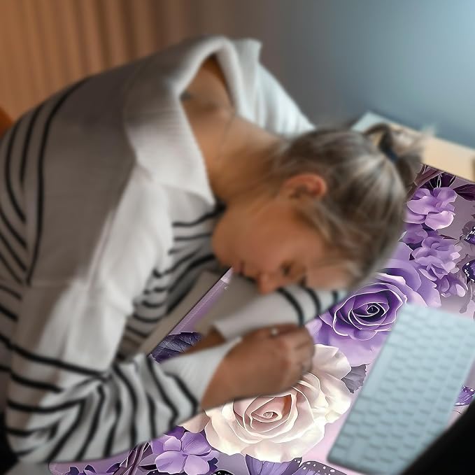 Heated Desk Pad Large Mouse Pad 23.6 x 14.1 inch with 3 Levels Heating & Auto Shut-Off Warm Mouse pad PU Leather Computer Mousepad for Home Office Work - Purple Roses and Butterflies