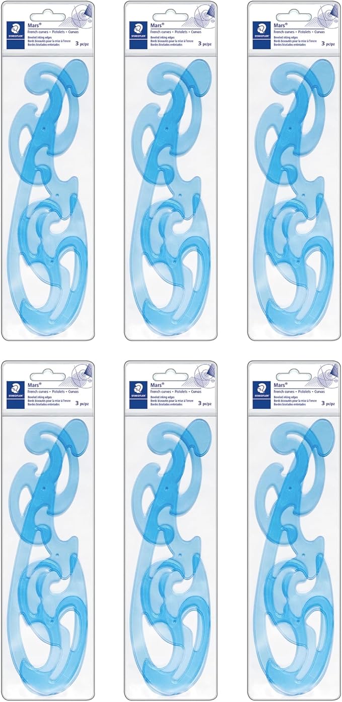 STAEDTLER Mars Professional French Curve Design Ruler Set for Pattern Making 12-Pack (6 Sets of 3 pcs), 3 Essential A B C Shapes, Blue Transparent Plastic with Inking Edge, 18 Count