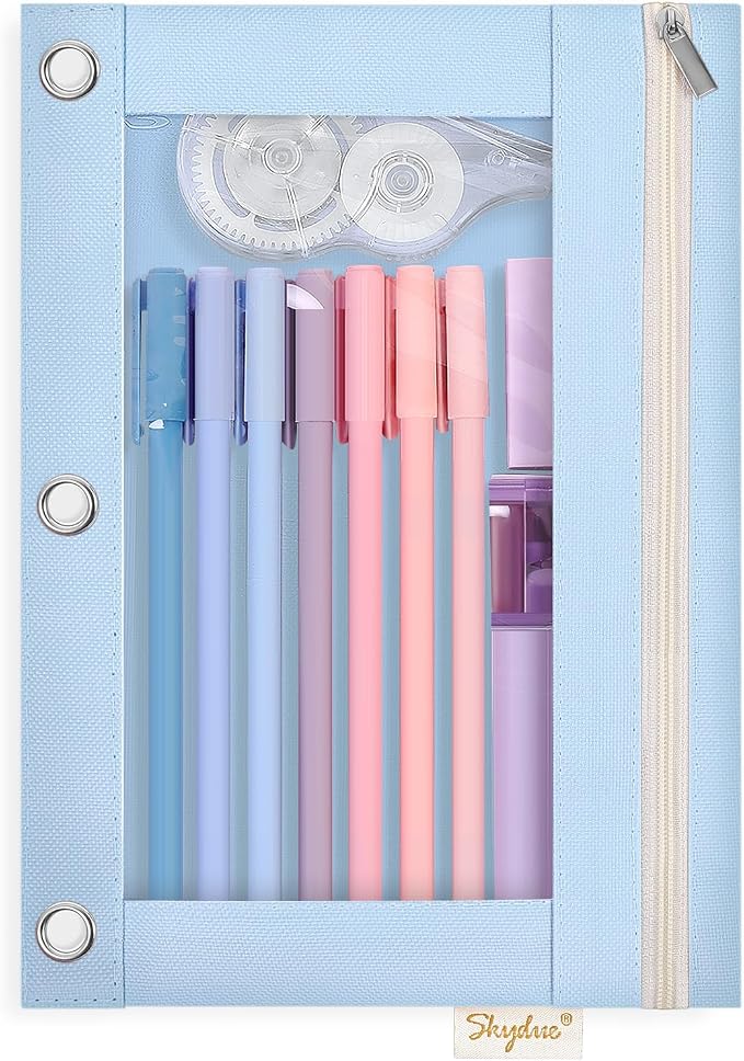 SKYDUE Pencil Pouch for 3 Ring Binder, Zipper Pencil Pouches for Girls Boys, Clear Window Pencil Bag, 3 Ring Pencil Pouch Case for Binder, Durable Organizer for School Supplies
