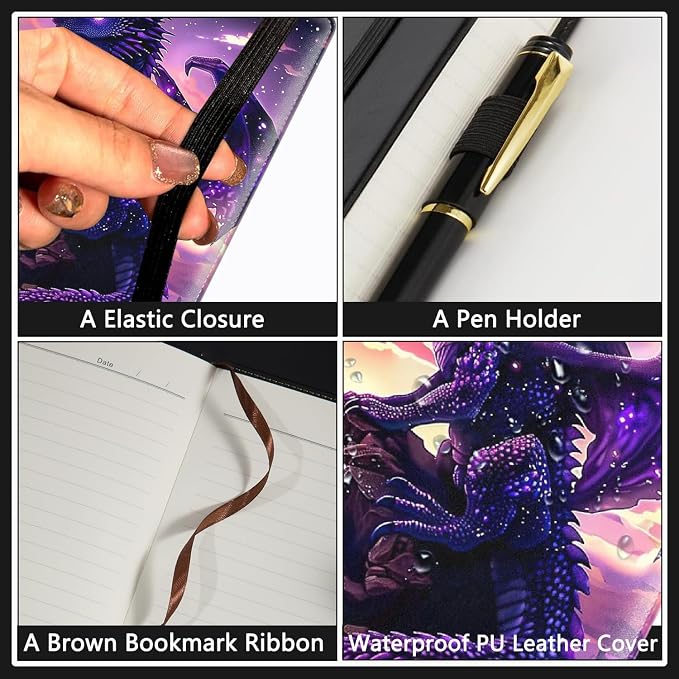 A5 Leather Lined Journal Notebook, 200 Pages Hardcover Executive Notebook for Men Women Office School Note Taking, Thick Writing Paper Daily Journal with Bookmarks/Indexes, Baby Purple Dragon