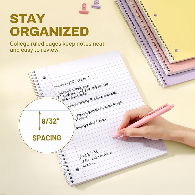 SUNEE Spiral Notebooks, 24 Pack, 1-Subject, College Ruled Paper, 8" x 10-1/2", 70 Sheets per Notebook, Assorted Pastel Colors Spiral Notebooks for School