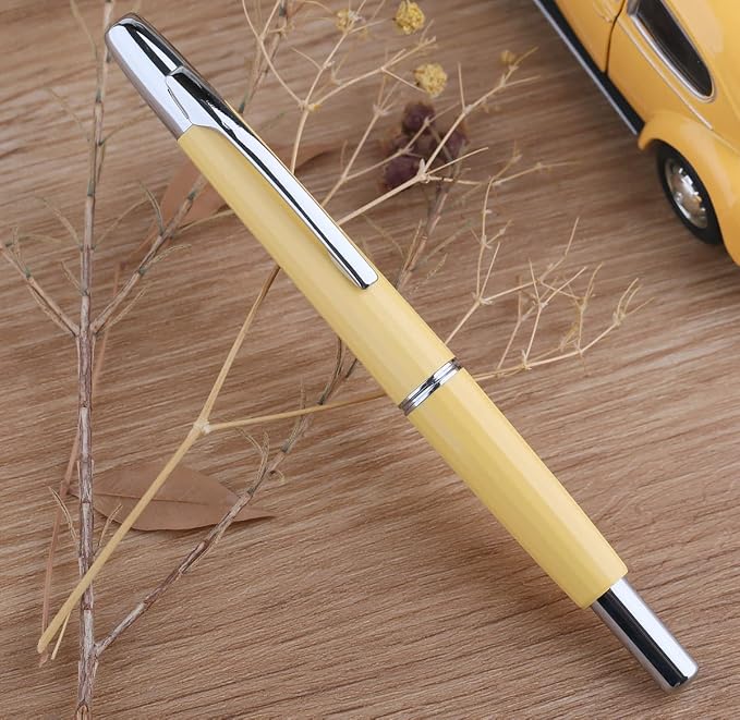 erofa Majohn A2 Press Fountain Pen Extra Fine Nib with Box, Retractable Yellow Resin Ink Pen with Converter Writing Pen Set (Silver Clip Version