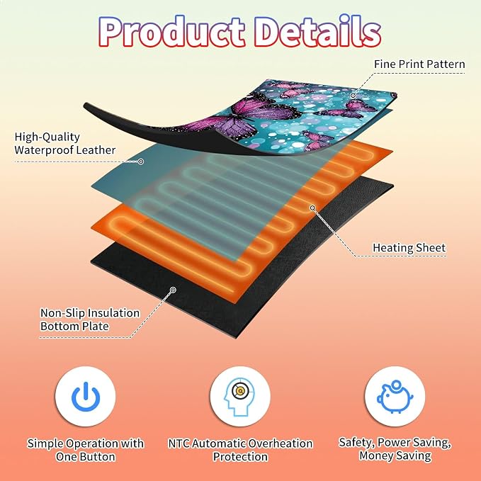 Heated Desk Pad Large Mouse Pad 23.6 x 14.1 inch with 3 Levels Heating & Auto Shut-Off Warm Mouse pad PU Leather Computer Mousepad for Home Office Work - Green Glitter Butterflies