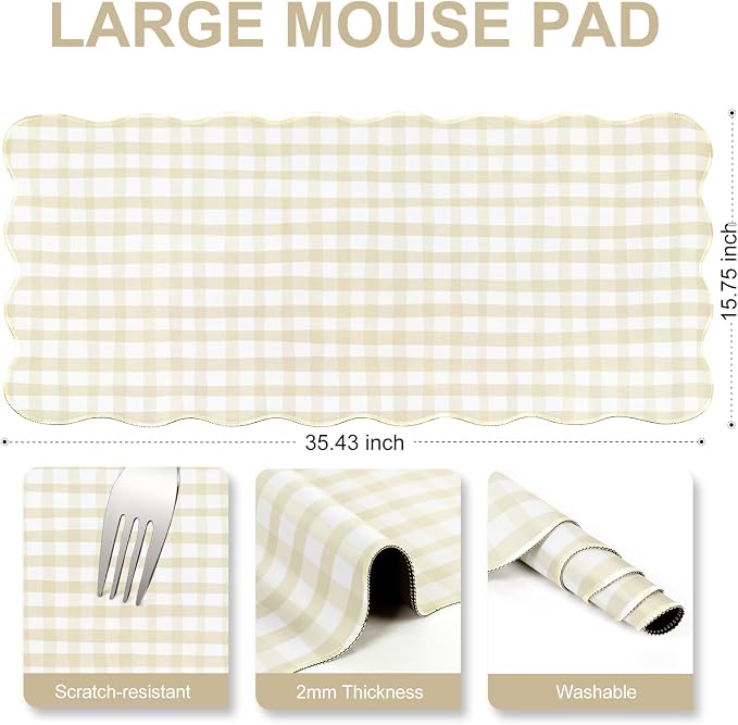 L-SPOUTTO Beige Checkered Mouse Pad,Scalloped Desk Mat XXL Large Geometric Gaming Mousepad,35.4x15.7in Non-Slip Rubber Base Keyboard Pad Waterproof Desktop Mat for Laptop Computer Game Home Office