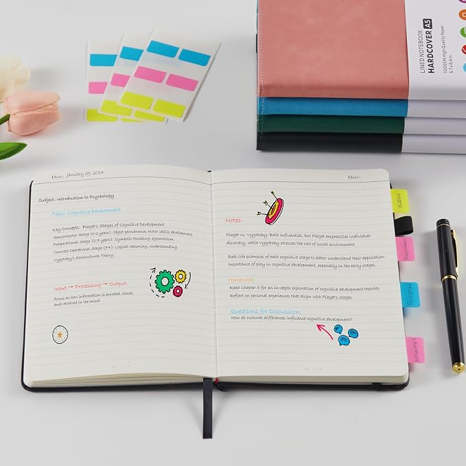 FOCUS DAY Lined Notebook Journals for Women/Men Work, 2 Pack Hardcover Leather Journal Note Book with 100GSM Thick Paper, Notebooks for Office School Supplies, A5 (5.7"x8.4"), Pink & Black